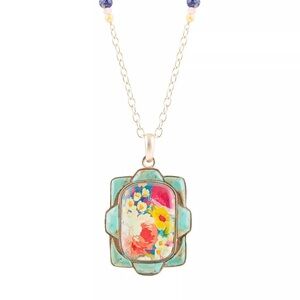 Barse Scenic Floral and Blue Turquoise Golden Pendant Necklace